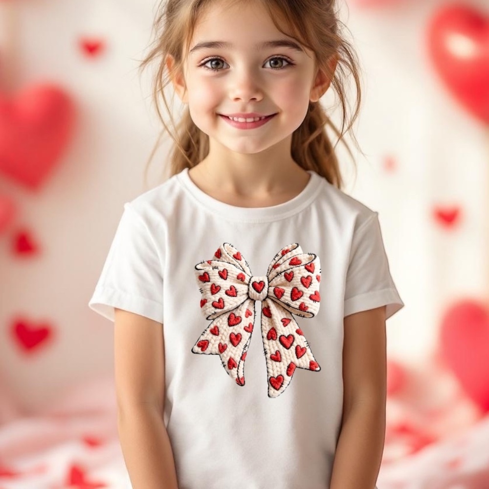 Coquette Bow T-shirt Cute 3D faux Bow with  hearts 2T-8 S-XL White New Coquette